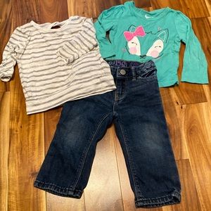 Girl’s Size 12 Month Bundle: T-shirts (Turquoise Fox & Stripes) &GAP Denim Jeans